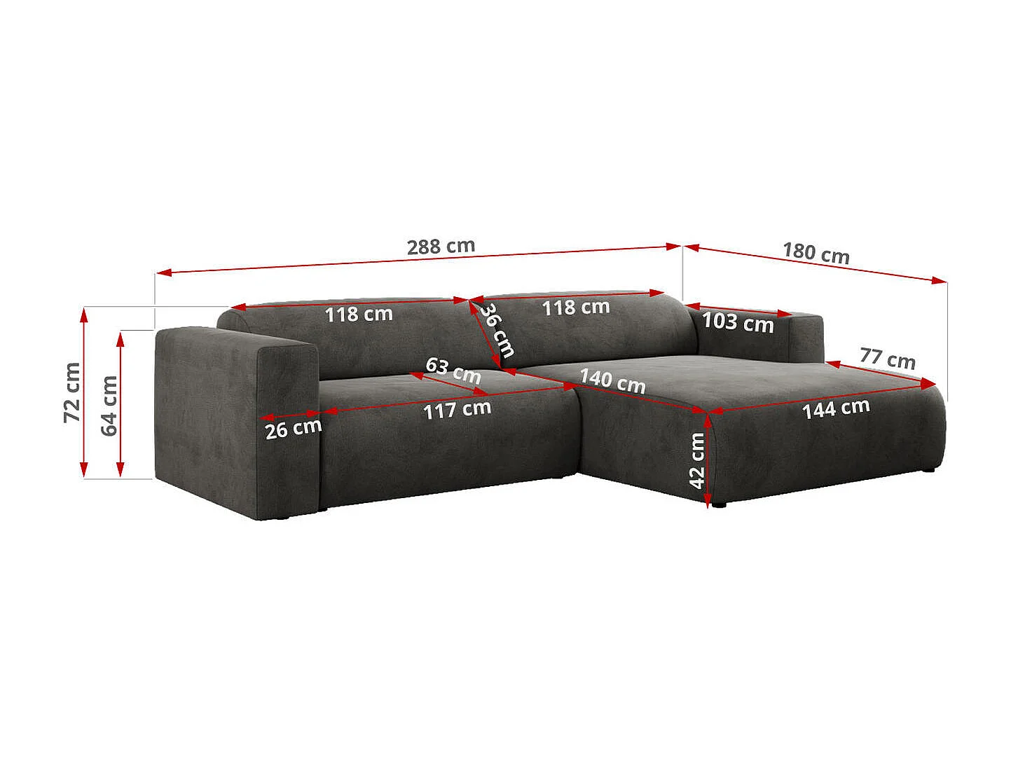Ecksofa PASADENA - mit Armlehnen, Wohnlandschaft, freistehendes Sofa, große Ecke - Dunkelgrau Velvet - Ecke Rechts