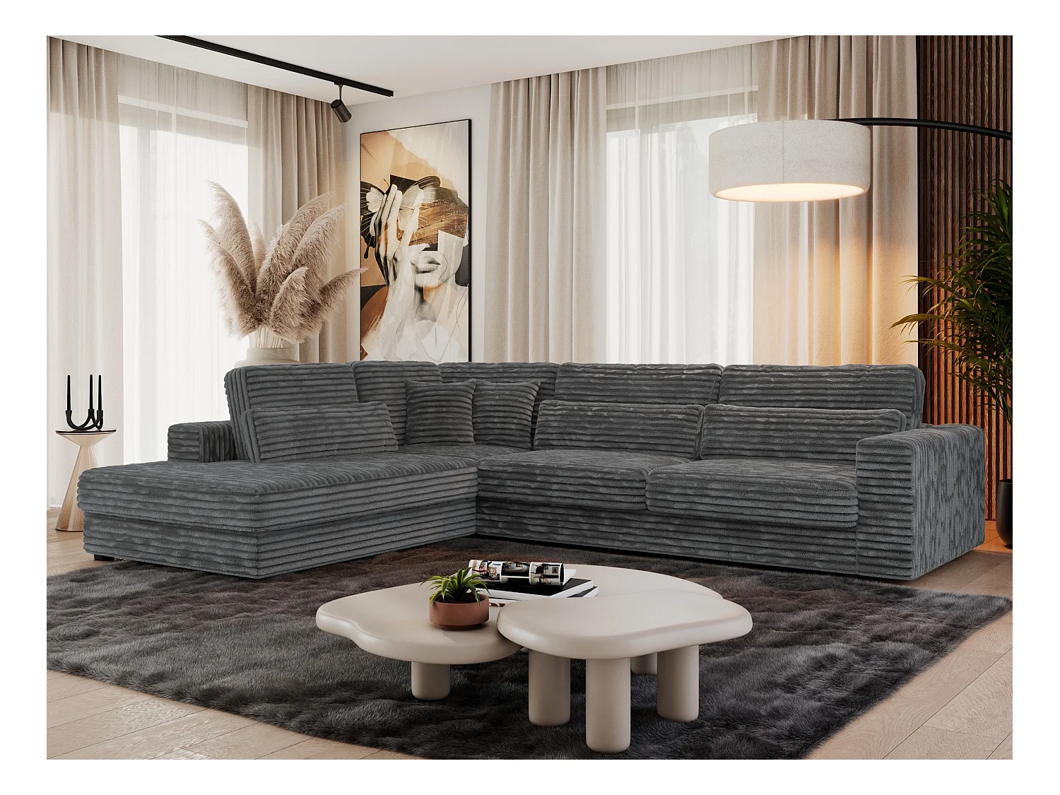 Ecksofa SAVONA - mit Armlehnen, lose Kissen, große L-förmige Ecke, Wohnlandschaft - Dunkelgrau Cord - Ecke Links