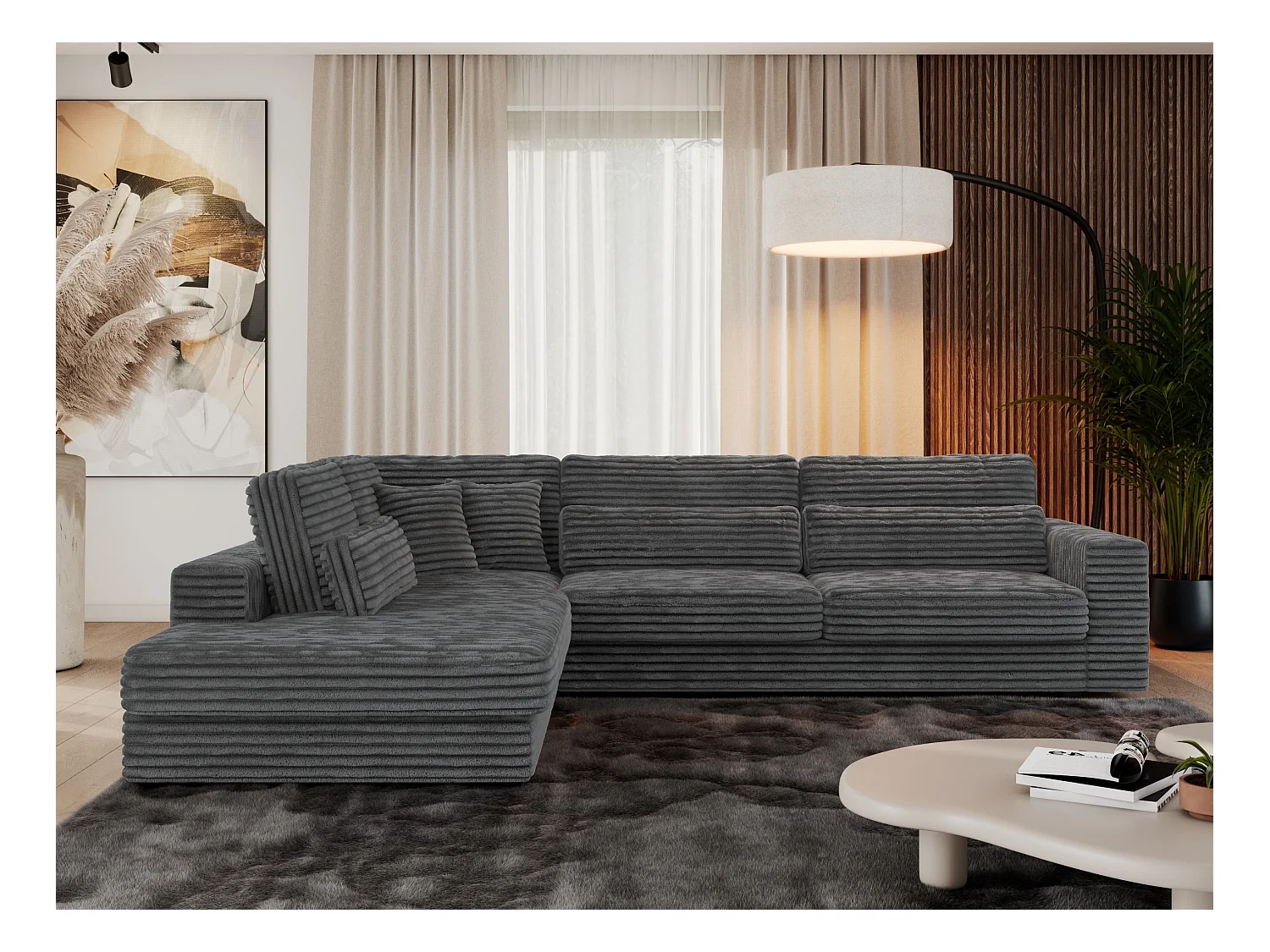 Ecksofa SAVONA - mit Armlehnen, lose Kissen, große L-förmige Ecke, Wohnlandschaft - Dunkelgrau Cord - Ecke Links