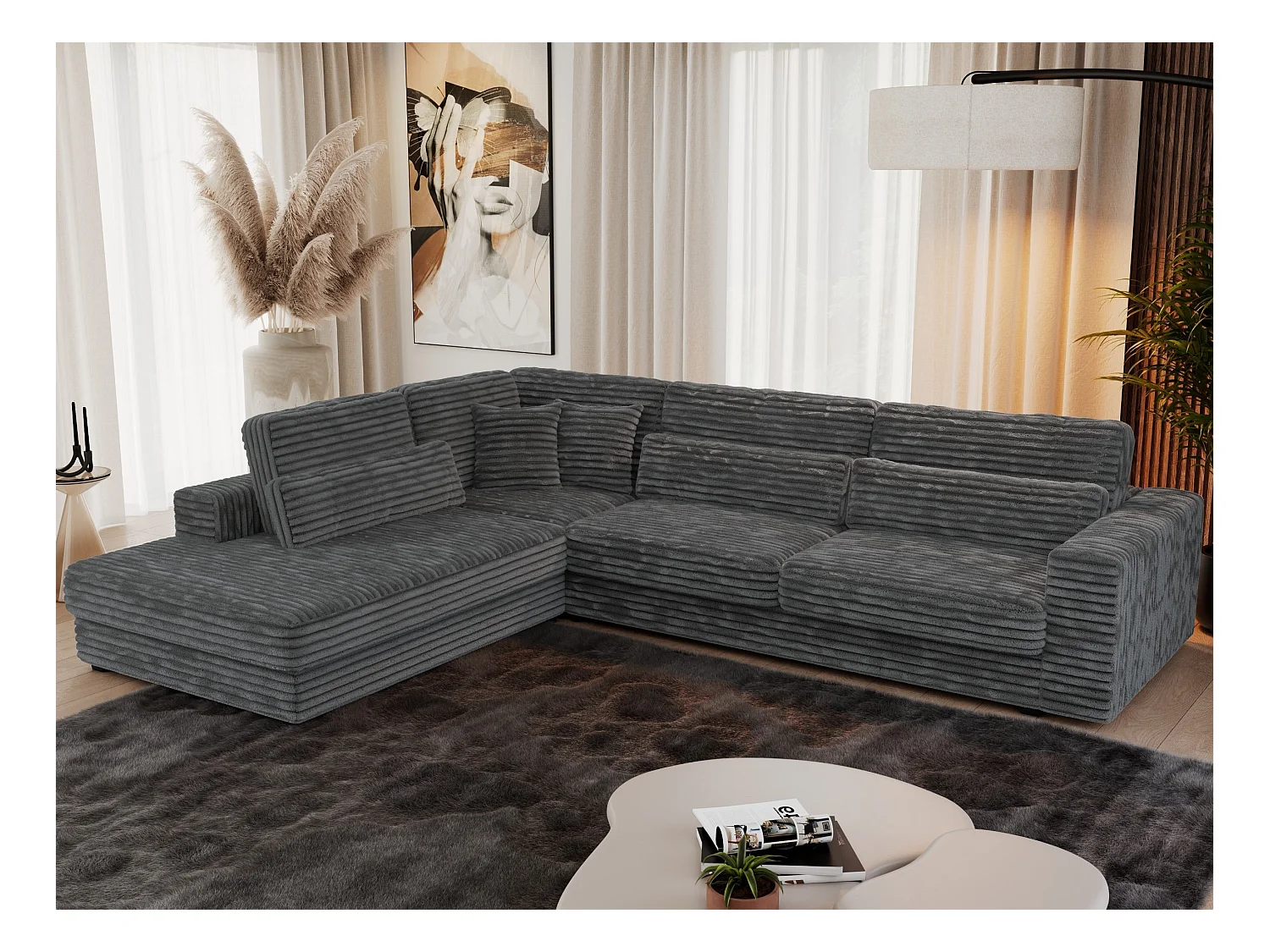 Ecksofa SAVONA - mit Armlehnen, lose Kissen, große L-förmige Ecke, Wohnlandschaft - Dunkelgrau Cord - Ecke Links