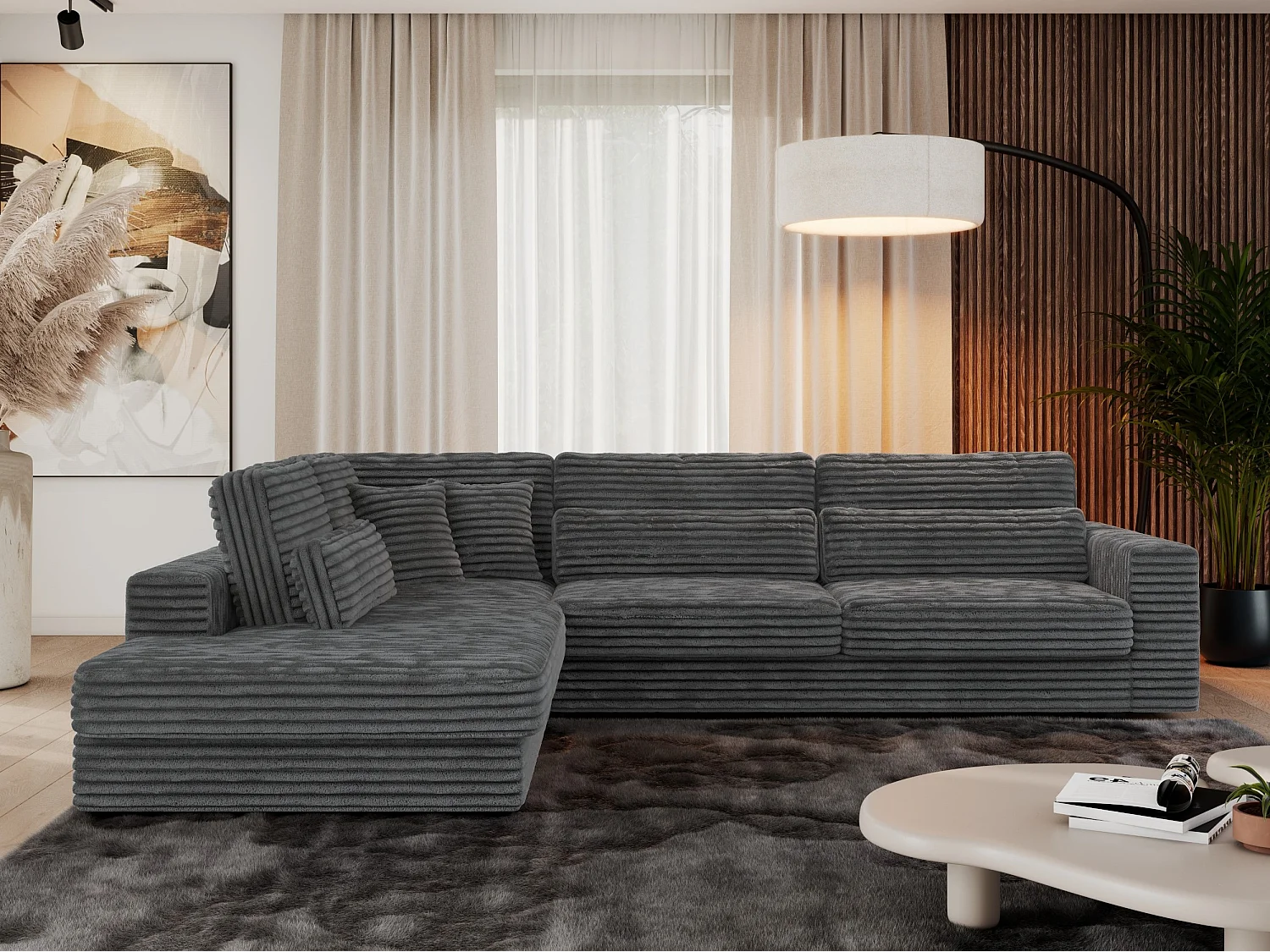 Ecksofa SAVONA - mit Armlehnen, lose Kissen, große L-förmige Ecke, Wohnlandschaft - Dunkelgrau Cord - Ecke Links