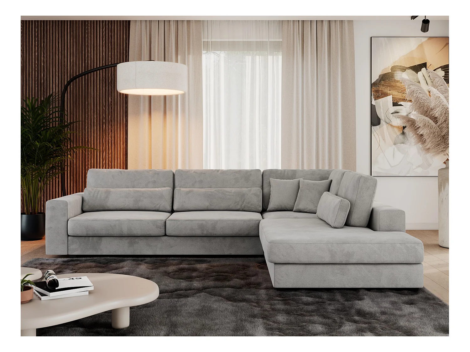 Ecksofa SAVONA - mit Armlehnen, lose Kissen, große L-förmige Ecke, Wohnlandschaft - Hellgrau Velvet - Ecke Rechts