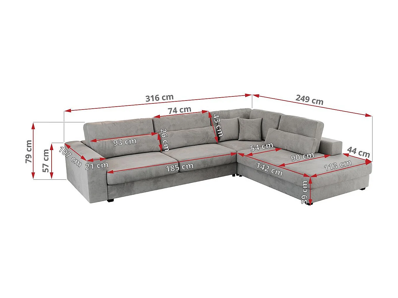 Ecksofa SAVONA - mit Armlehnen, lose Kissen, große L-förmige Ecke, Wohnlandschaft - Hellgrau Velvet - Ecke Rechts