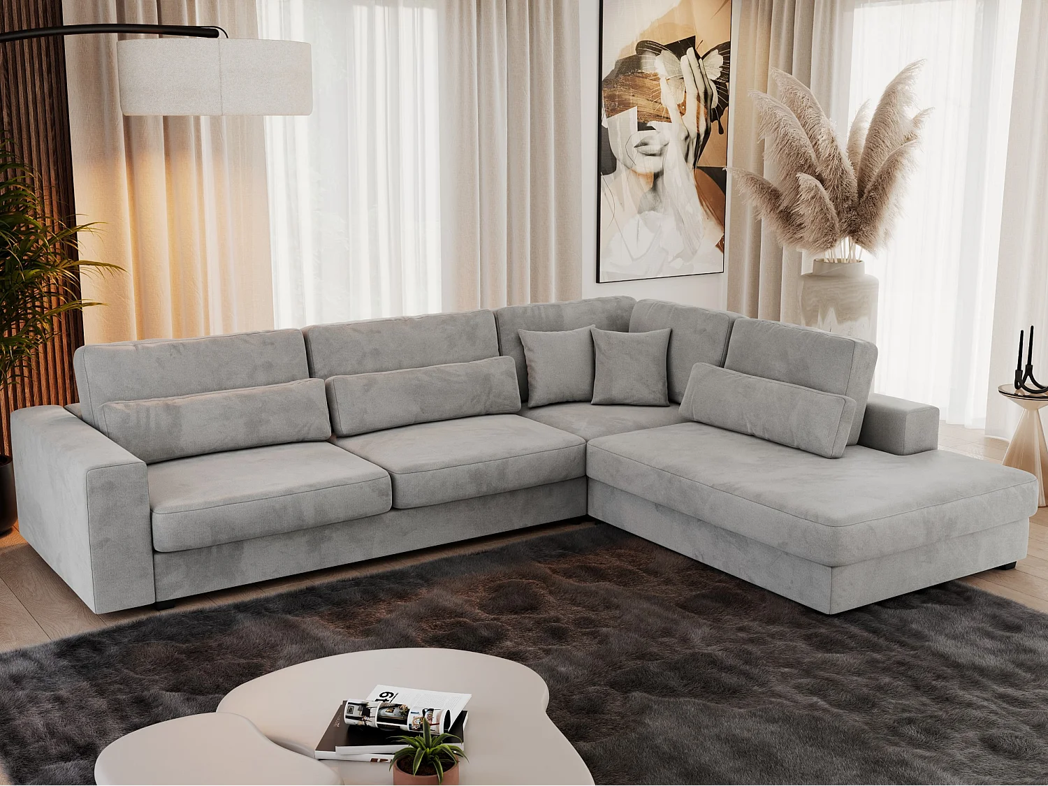 Ecksofa SAVONA - mit Armlehnen, lose Kissen, große L-förmige Ecke, Wohnlandschaft - Hellgrau Velvet - Ecke Rechts