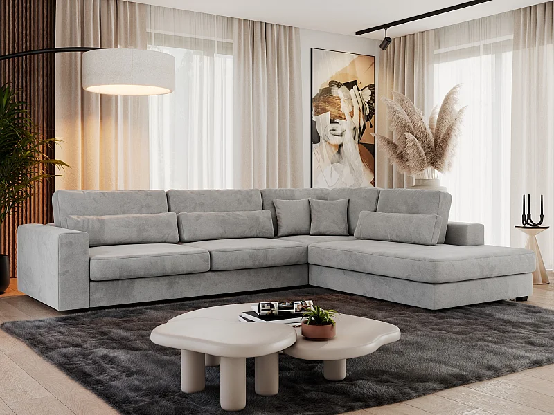 Ecksofa SAVONA - mit Armlehnen, lose Kissen, große L-förmige Ecke, Wohnlandschaft - Hellgrau Velvet - Ecke Rechts