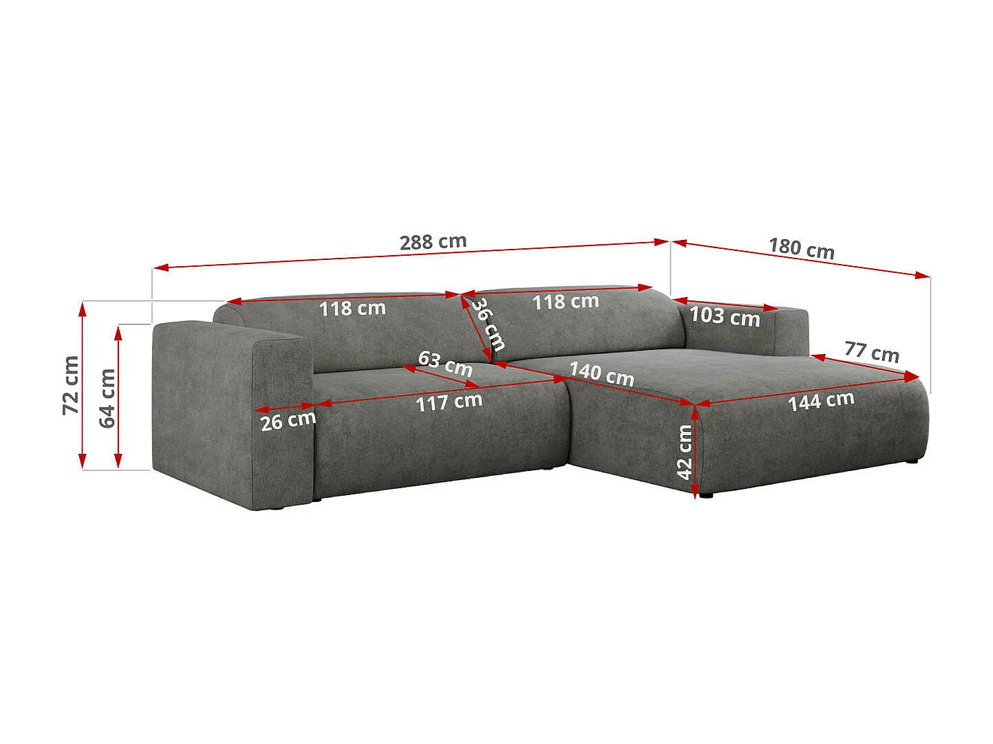 Ecksofa PASADENA - mit Armlehnen, Wohnlandschaft, freistehendes Sofa, große Ecke - Grau Stukture - Ecke Links