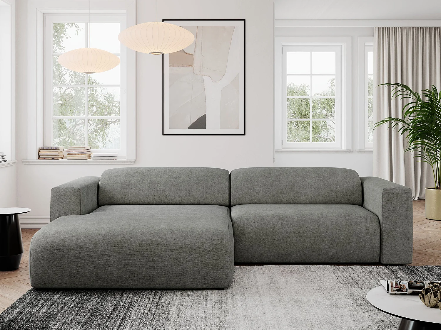 Ecksofa PASADENA - mit Armlehnen, Wohnlandschaft, freistehendes Sofa, große Ecke - Grau Stukture - Ecke Links