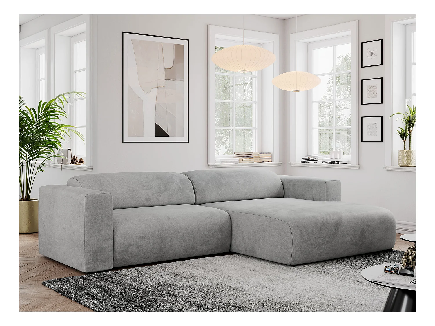 Ecksofa PASADENA - mit Armlehnen, Wohnlandschaft, freistehendes Sofa, große Ecke - Hellgrau Velvet - Ecke Rechts