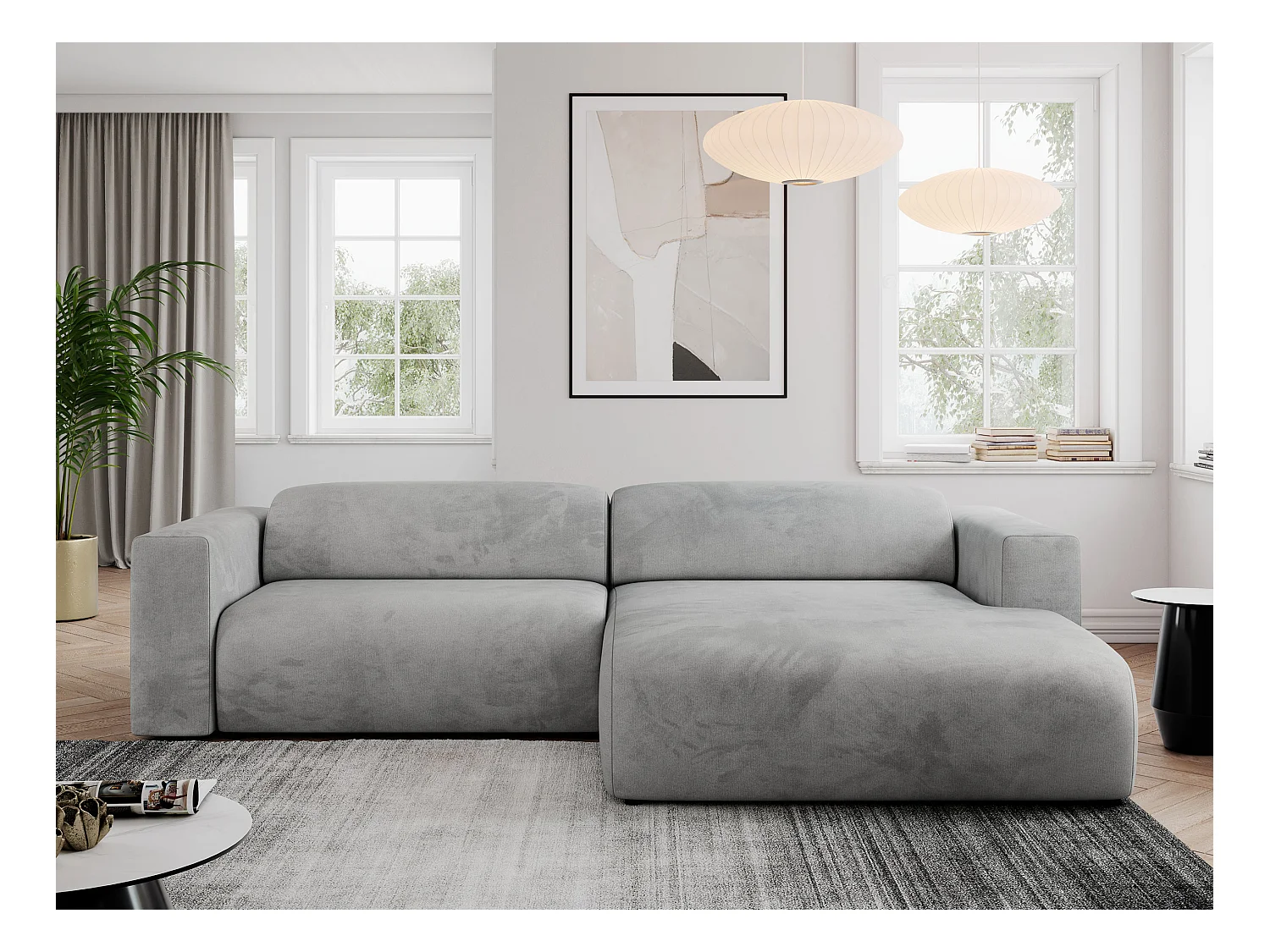 Ecksofa PASADENA - mit Armlehnen, Wohnlandschaft, freistehendes Sofa, große Ecke - Hellgrau Velvet - Ecke Rechts