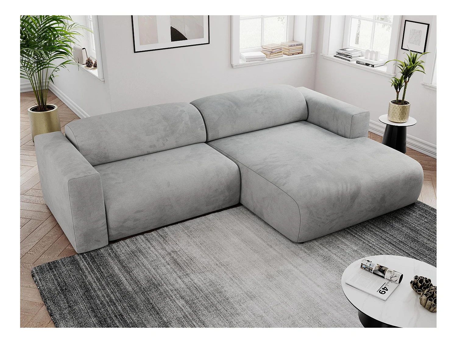 Ecksofa PASADENA - mit Armlehnen, Wohnlandschaft, freistehendes Sofa, große Ecke - Hellgrau Velvet - Ecke Rechts