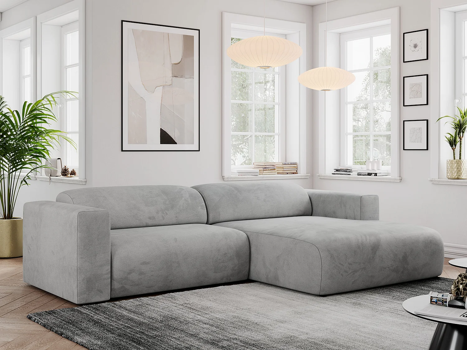 Ecksofa PASADENA - mit Armlehnen, Wohnlandschaft, freistehendes Sofa, große Ecke - Hellgrau Velvet - Ecke Rechts