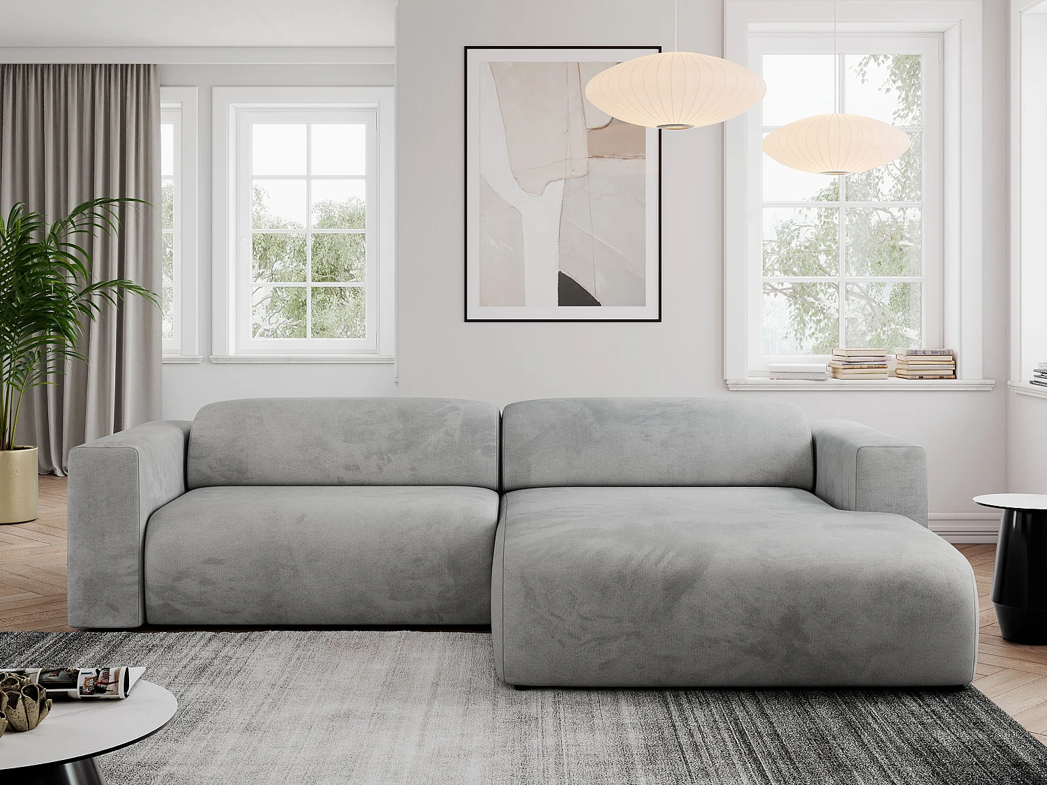 Ecksofa PASADENA - mit Armlehnen, Wohnlandschaft, freistehendes Sofa, große Ecke - Hellgrau Velvet - Ecke Rechts