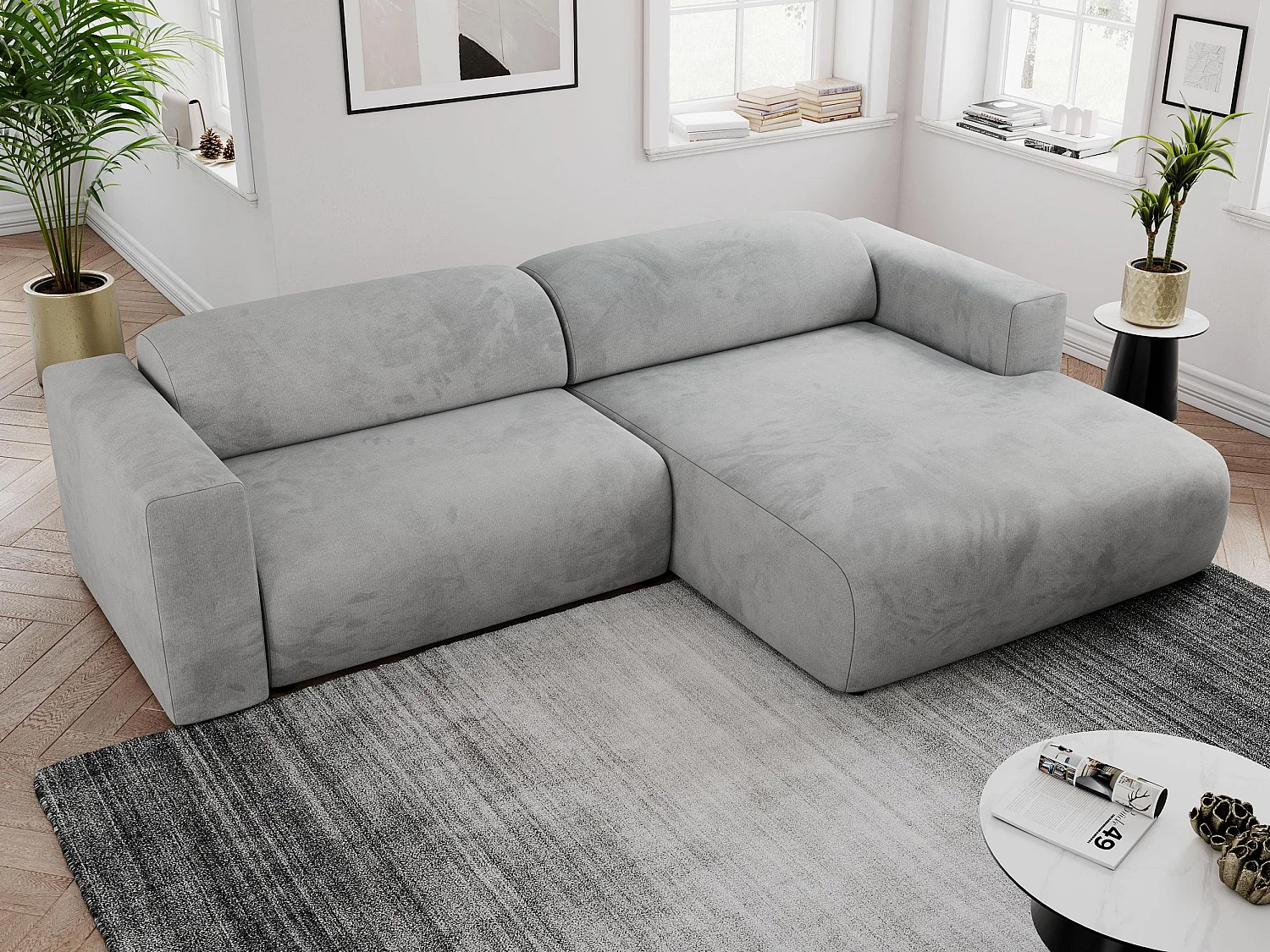 Ecksofa PASADENA - mit Armlehnen, Wohnlandschaft, freistehendes Sofa, große Ecke - Hellgrau Velvet - Ecke Rechts