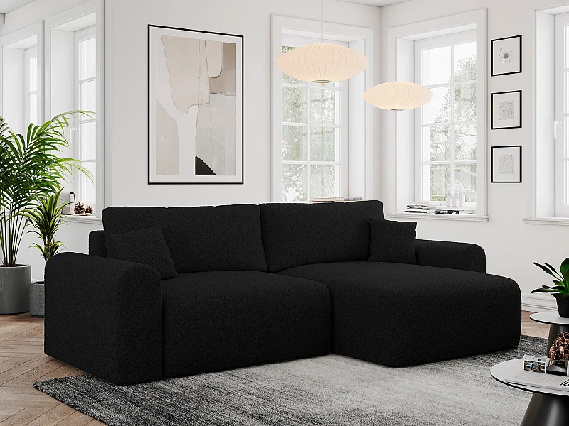 Ecksofa NELSON - Schlafcouch mit Armlehnen und Bettkasten, universelles L-förmige Ecksofa - Schwarz Boucle