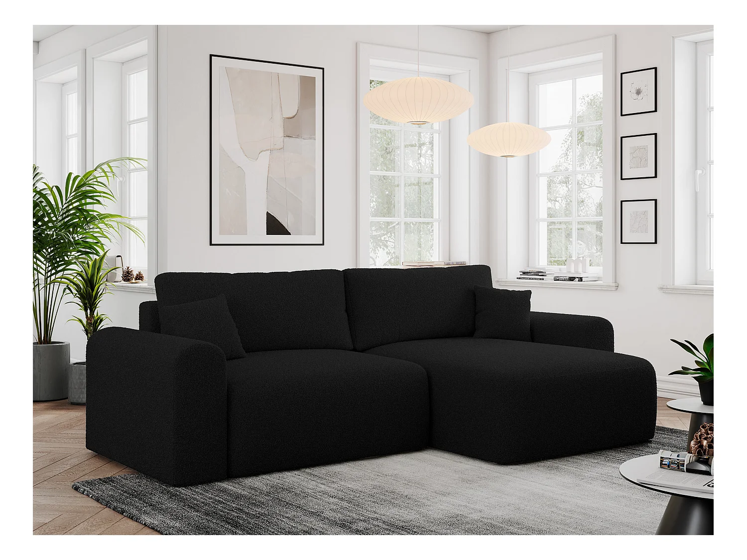 Ecksofa NELSON - Schlafcouch mit Armlehnen und Bettkasten, universelles L-förmige Ecksofa - Schwarz Boucle