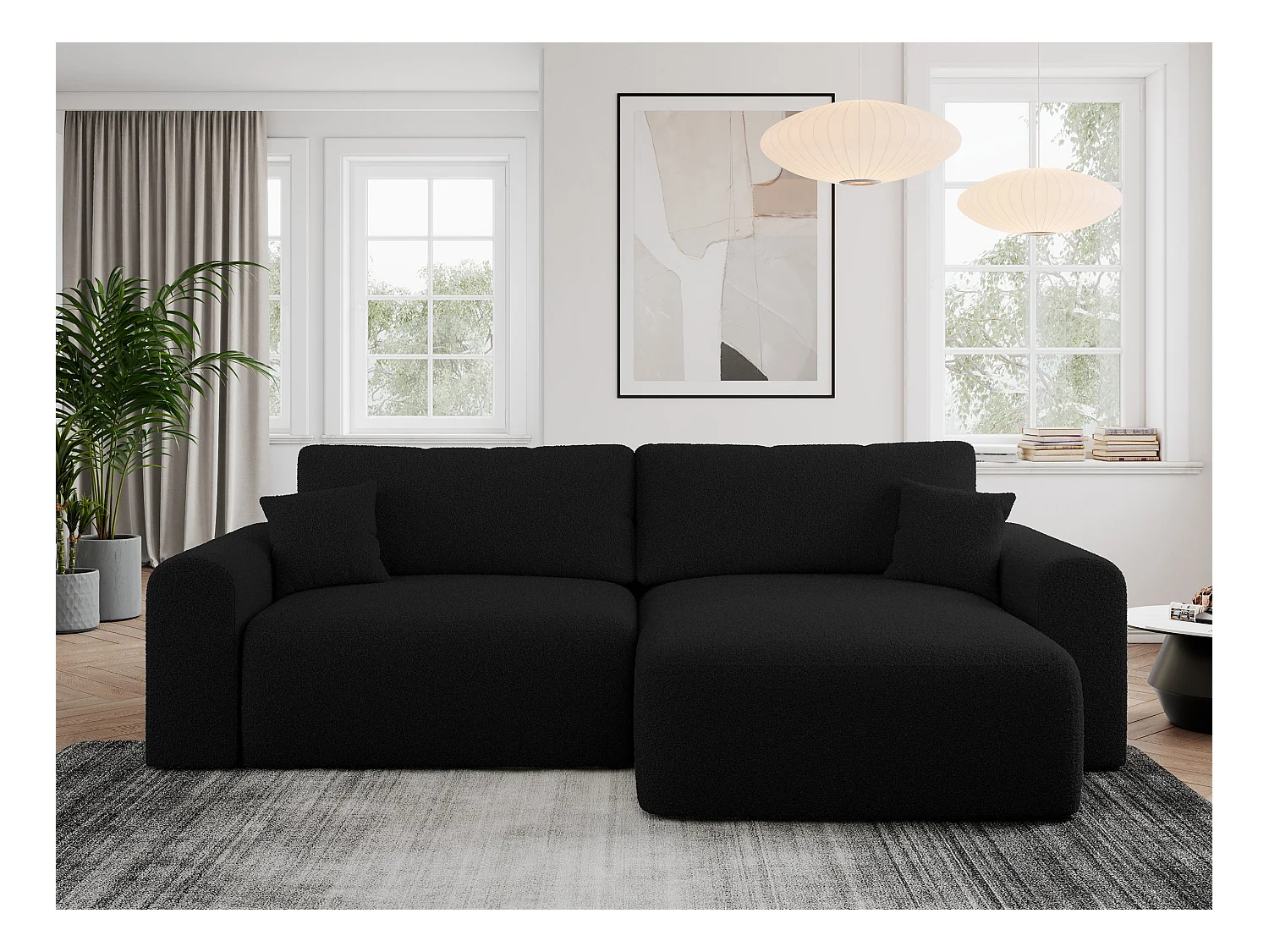 Ecksofa NELSON - Schlafcouch mit Armlehnen und Bettkasten, universelles L-förmige Ecksofa - Schwarz Boucle