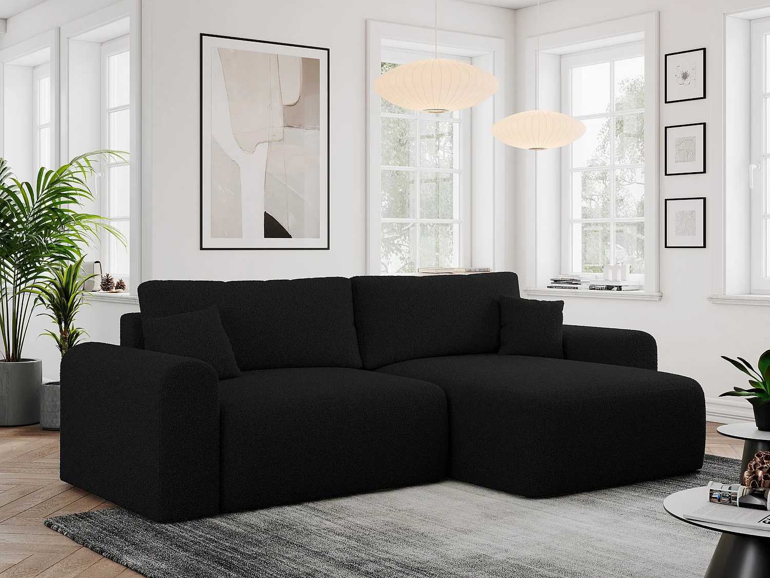 Ecksofa NELSON - Schlafcouch mit Armlehnen und Bettkasten, universelles L-förmige Ecksofa - Schwarz Boucle