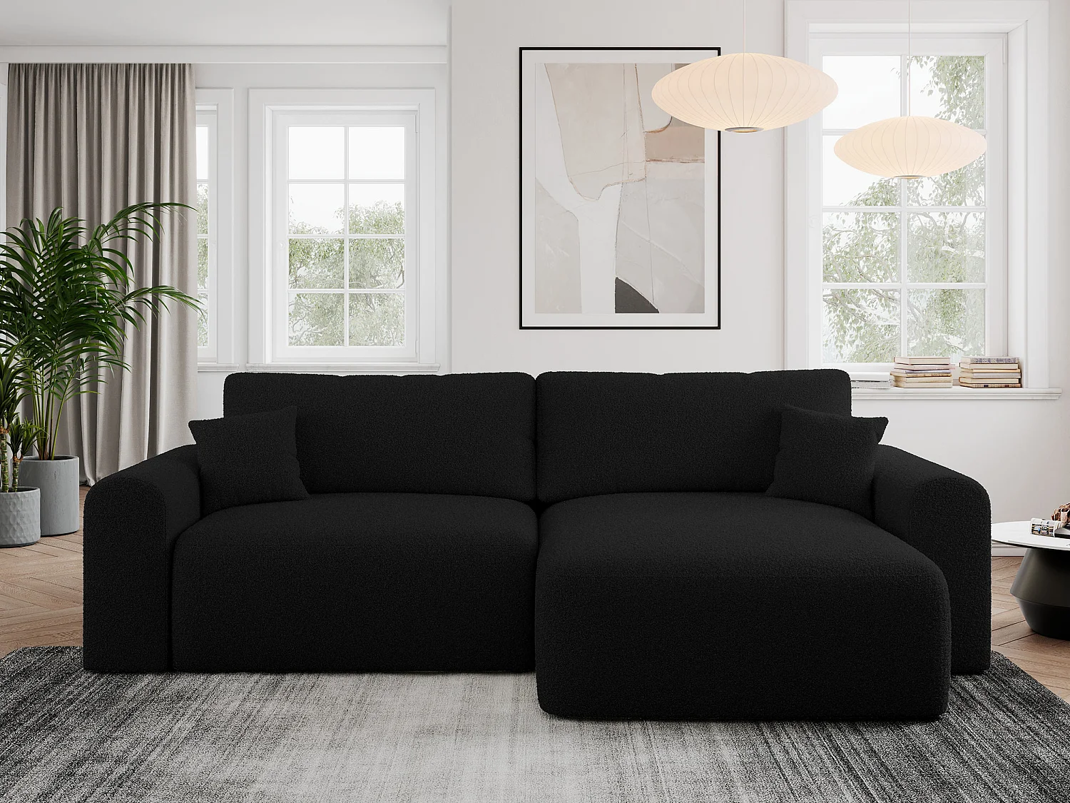 Ecksofa NELSON - Schlafcouch mit Armlehnen und Bettkasten, universelles L-förmige Ecksofa - Schwarz Boucle
