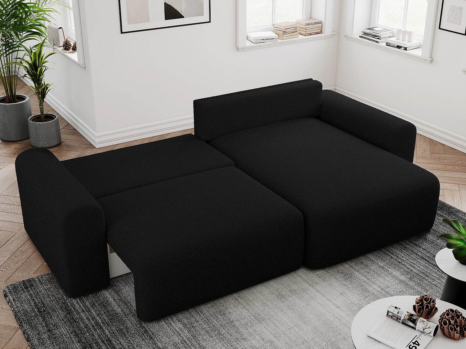 Ecksofa NELSON - Schlafcouch mit Armlehnen und Bettkasten, universelles L-förmige Ecksofa - Schwarz Boucle
