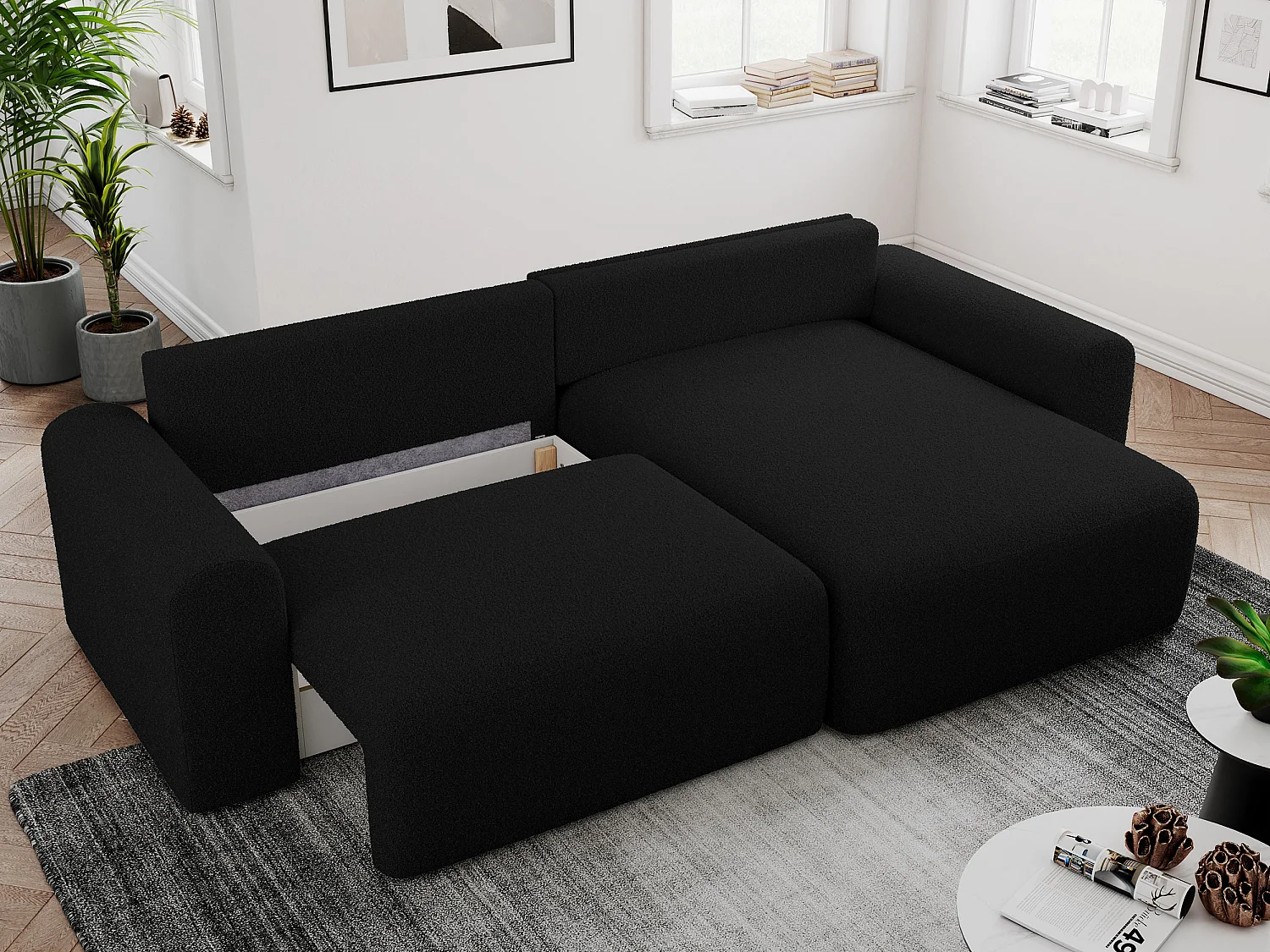Ecksofa NELSON - Schlafcouch mit Armlehnen und Bettkasten, universelles L-förmige Ecksofa - Schwarz Boucle