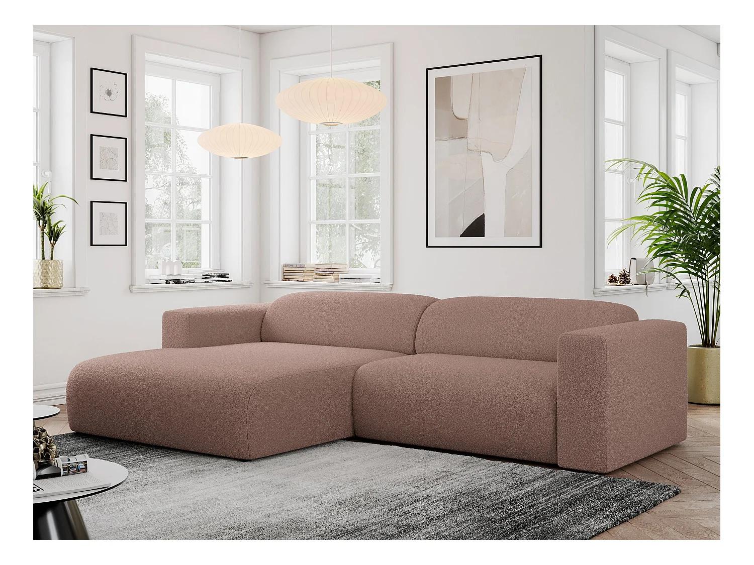 Ecksofa PASADENA - mit Armlehnen, Wohnlandschaft, freistehendes Sofa, große Ecke - Rosa Boucle - Ecke Links