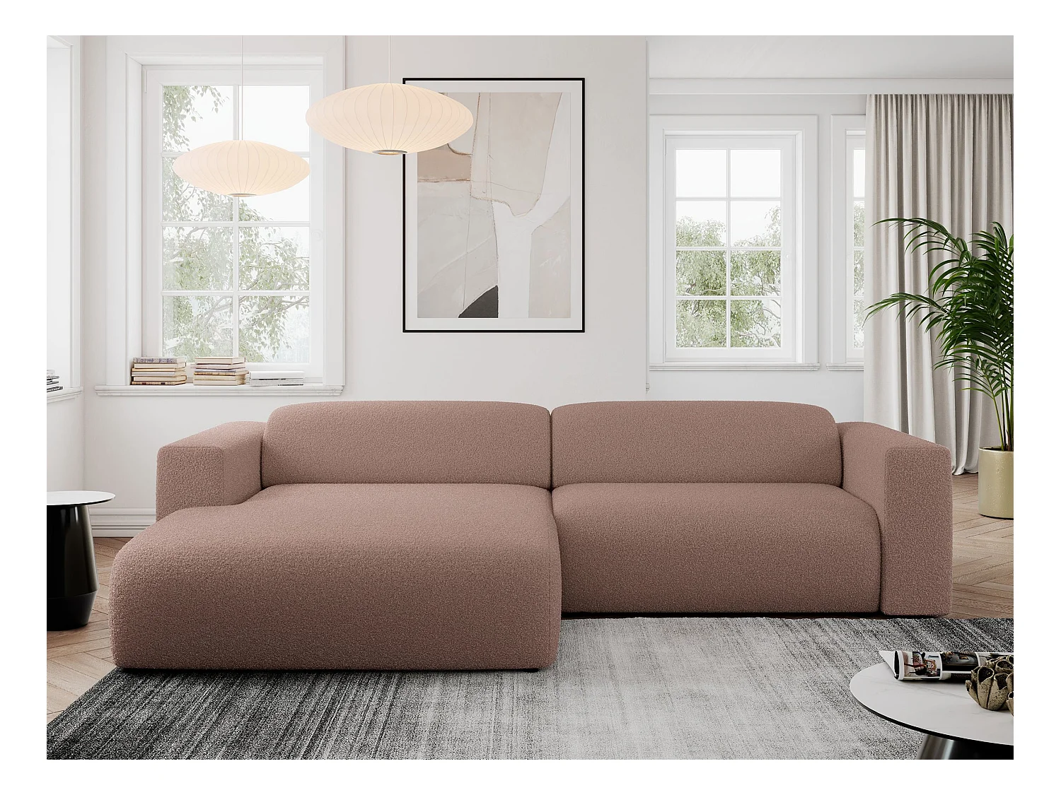 Ecksofa PASADENA - mit Armlehnen, Wohnlandschaft, freistehendes Sofa, große Ecke - Rosa Boucle - Ecke Links