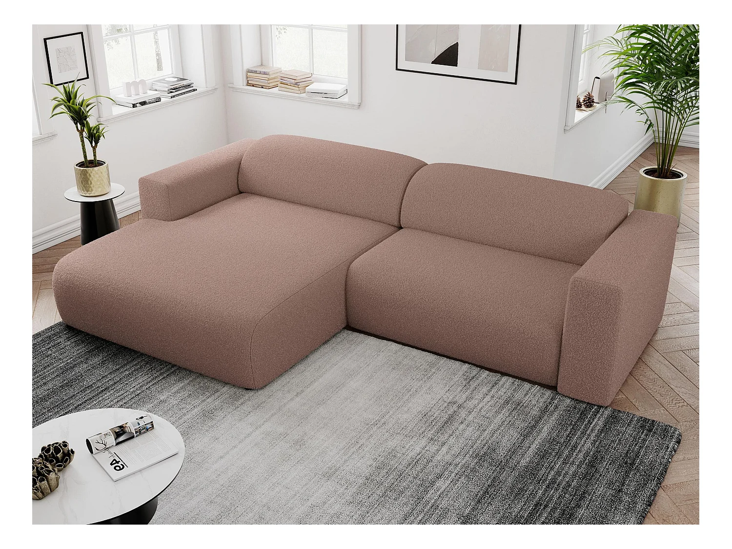 Ecksofa PASADENA - mit Armlehnen, Wohnlandschaft, freistehendes Sofa, große Ecke - Rosa Boucle - Ecke Links