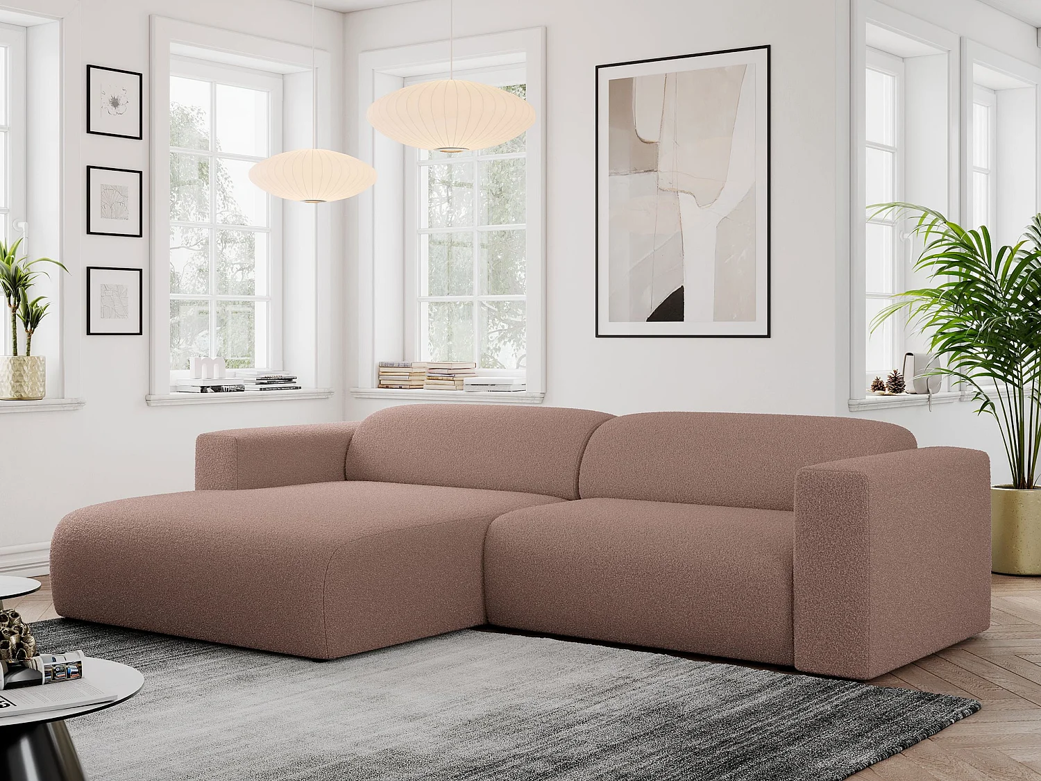 Ecksofa PASADENA - mit Armlehnen, Wohnlandschaft, freistehendes Sofa, große Ecke - Rosa Boucle - Ecke Links