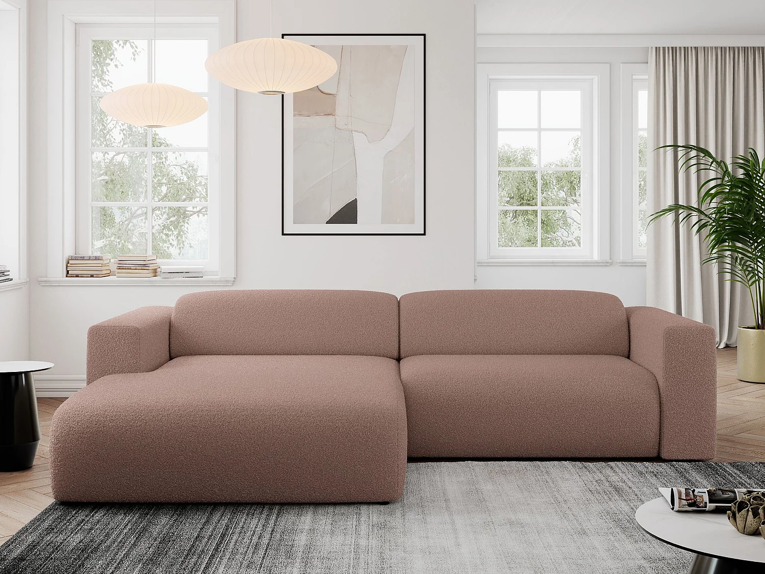 Ecksofa PASADENA - mit Armlehnen, Wohnlandschaft, freistehendes Sofa, große Ecke - Rosa Boucle - Ecke Links