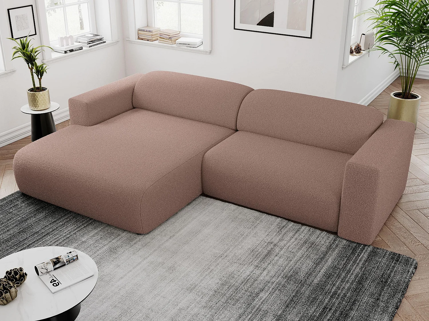 Ecksofa PASADENA - mit Armlehnen, Wohnlandschaft, freistehendes Sofa, große Ecke - Rosa Boucle - Ecke Links