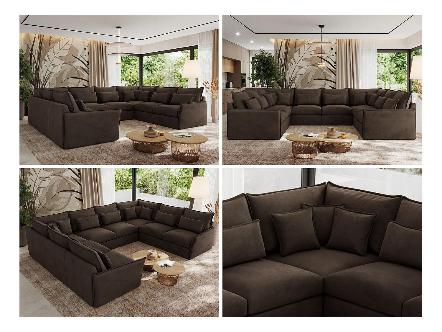 Ecksofa VERSO U8M - modulare U-förmige Ecke mit Armlehnen, Wohnlandschaft, Ecksofa XXL, lose Kissen - Braun Velvet