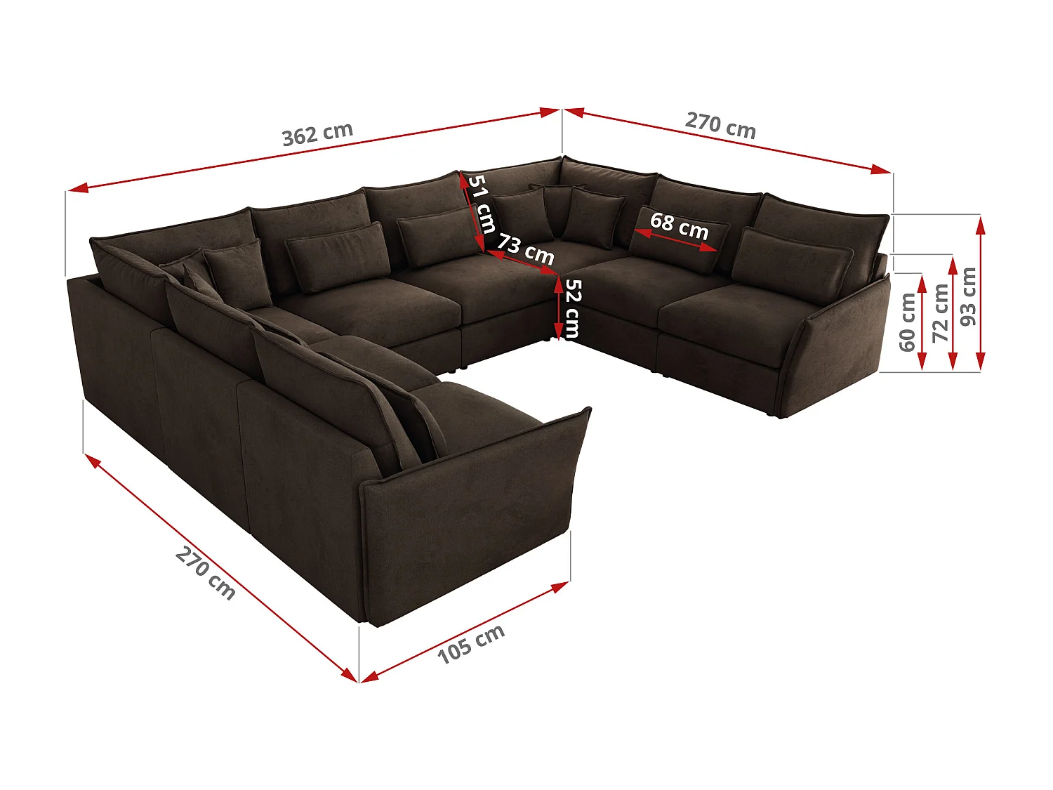 Ecksofa VERSO U8M - modulare U-förmige Ecke mit Armlehnen, Wohnlandschaft, Ecksofa XXL, lose Kissen - Braun Velvet