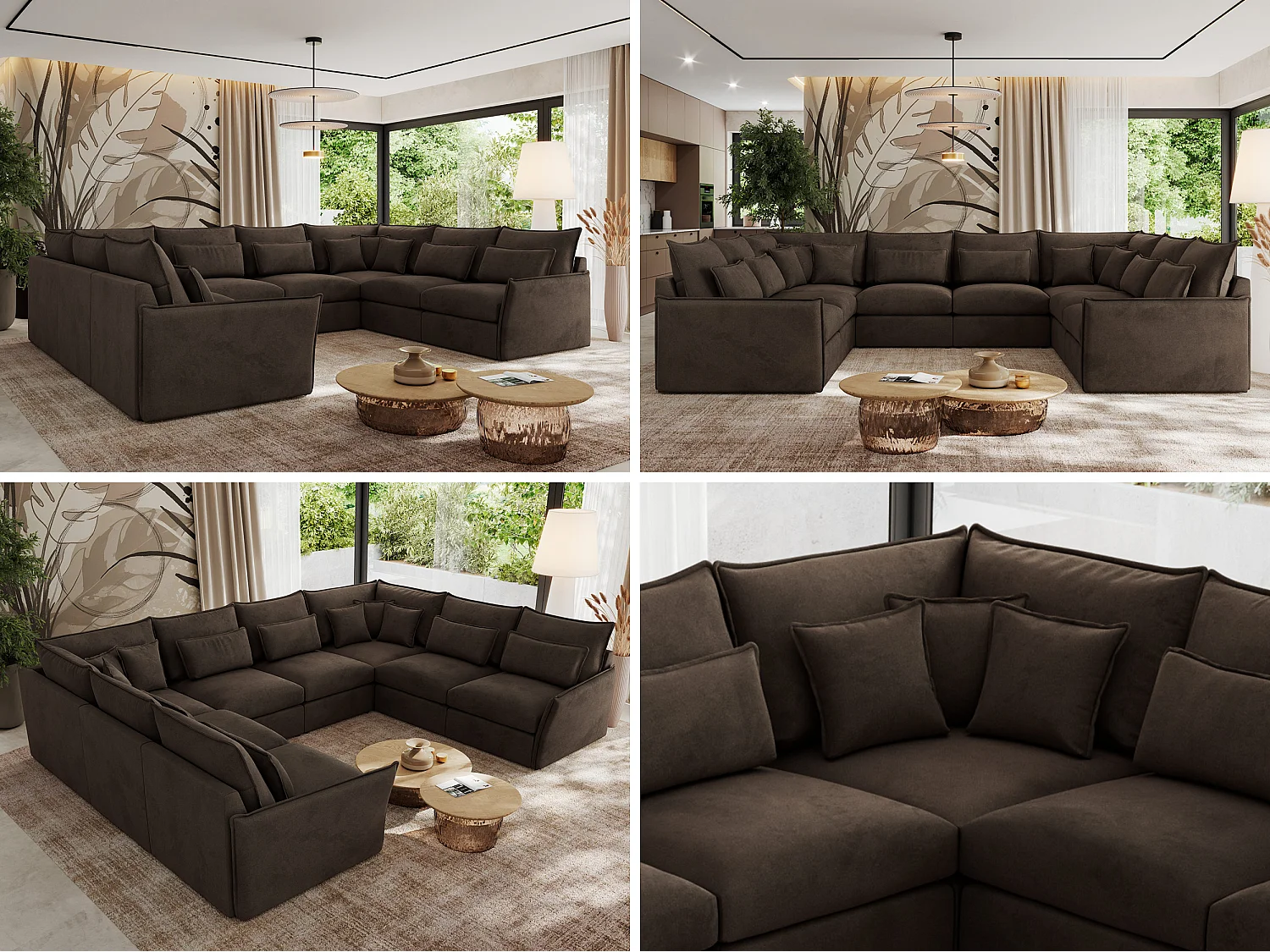 Ecksofa VERSO U8M - modulare U-förmige Ecke mit Armlehnen, Wohnlandschaft, Ecksofa XXL, lose Kissen - Braun Velvet