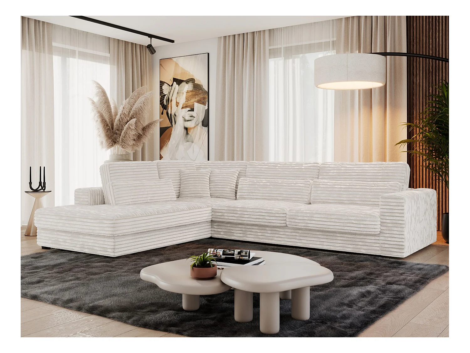 Ecksofa SAVONA - mit Armlehnen, lose Kissen, große L-förmige Ecke, Wohnlandschaft - Beige Cord - Ecke Links