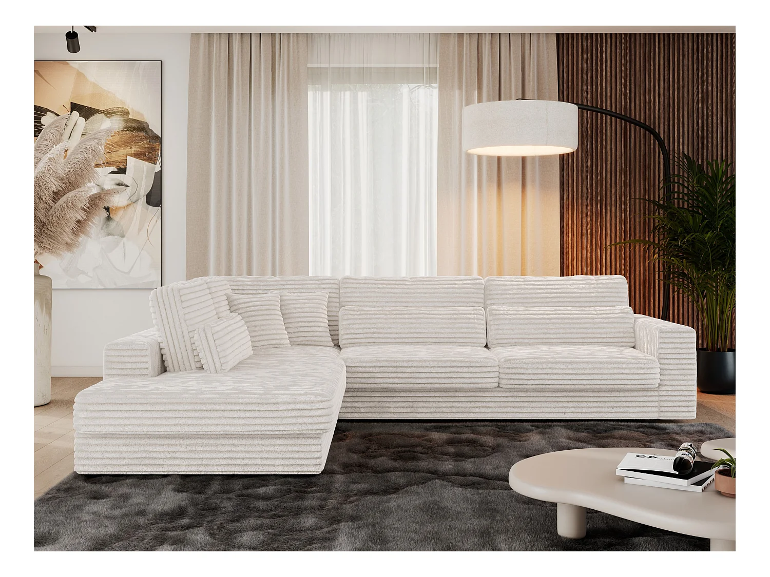 Ecksofa SAVONA - mit Armlehnen, lose Kissen, große L-förmige Ecke, Wohnlandschaft - Beige Cord - Ecke Links