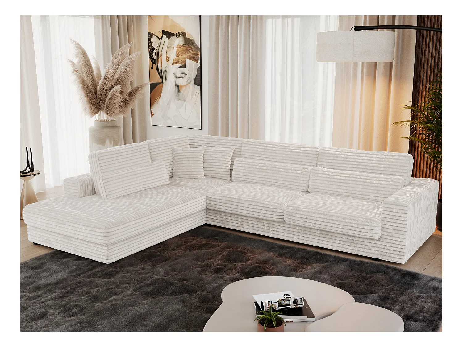 Ecksofa SAVONA - mit Armlehnen, lose Kissen, große L-förmige Ecke, Wohnlandschaft - Beige Cord - Ecke Links