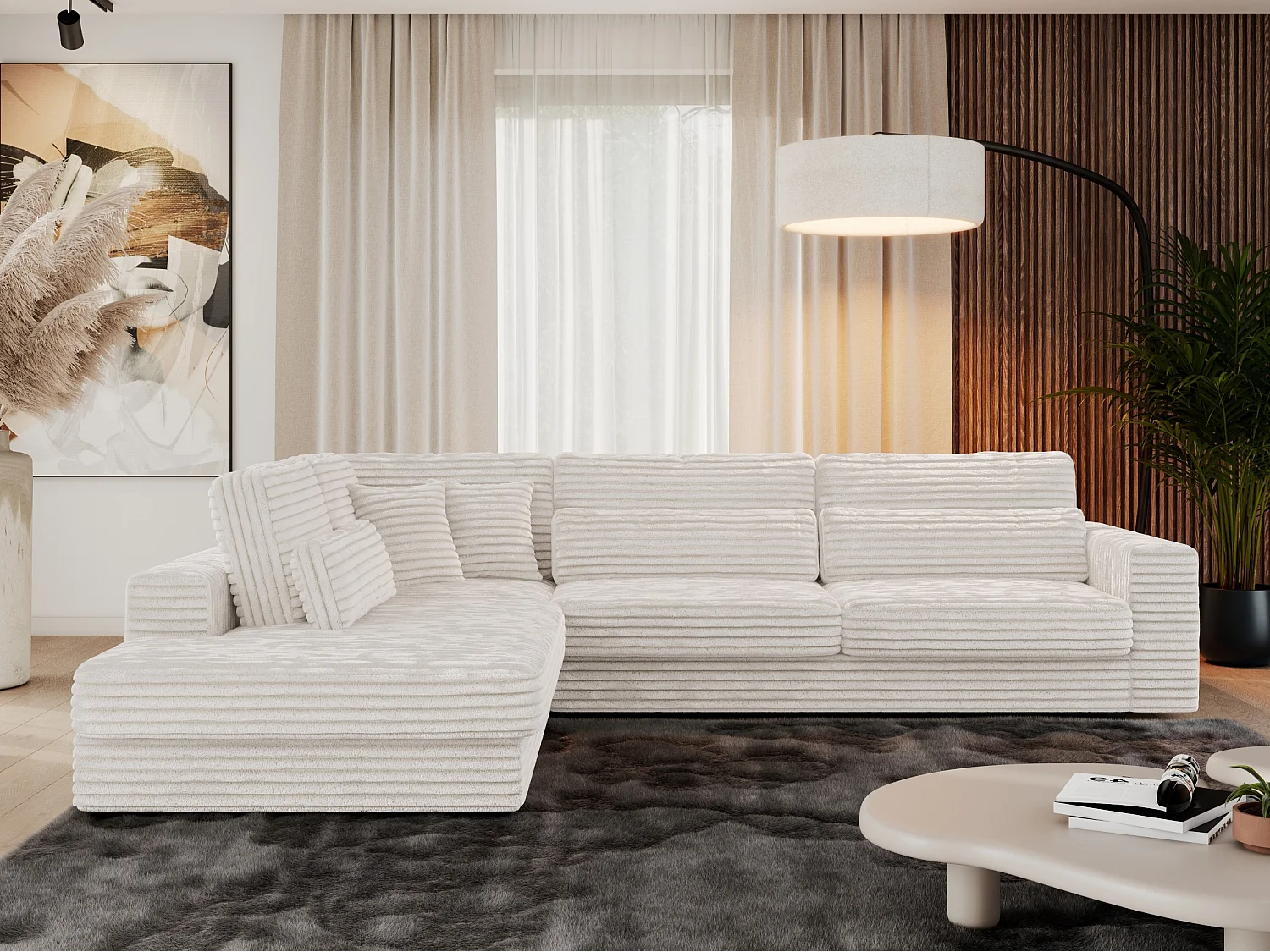 Ecksofa SAVONA - mit Armlehnen, lose Kissen, große L-förmige Ecke, Wohnlandschaft - Beige Cord - Ecke Links
