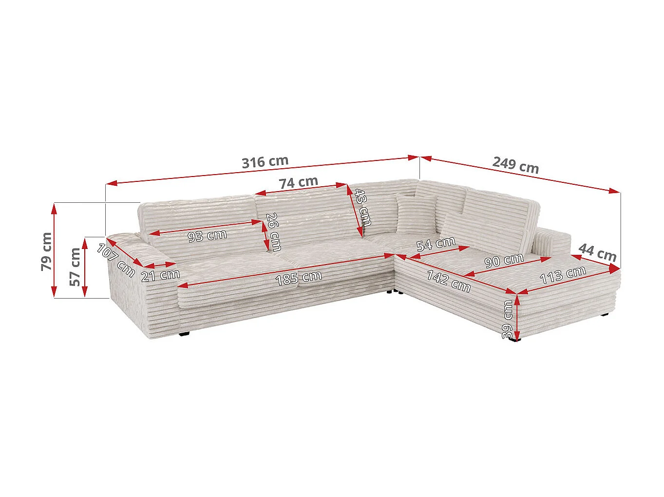 Ecksofa SAVONA - mit Armlehnen, lose Kissen, große L-förmige Ecke, Wohnlandschaft - Beige Cord - Ecke Links
