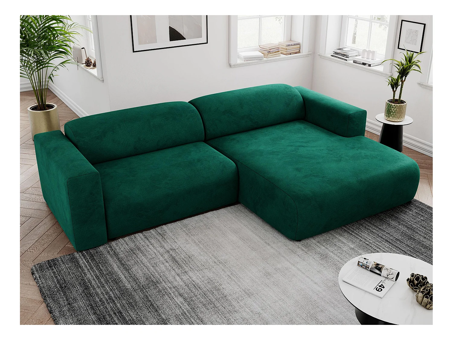 Ecksofa PASADENA - mit Armlehnen, Wohnlandschaft, freistehendes Sofa, große Ecke - Dunkelgrün Velvet - Ecke Rechts