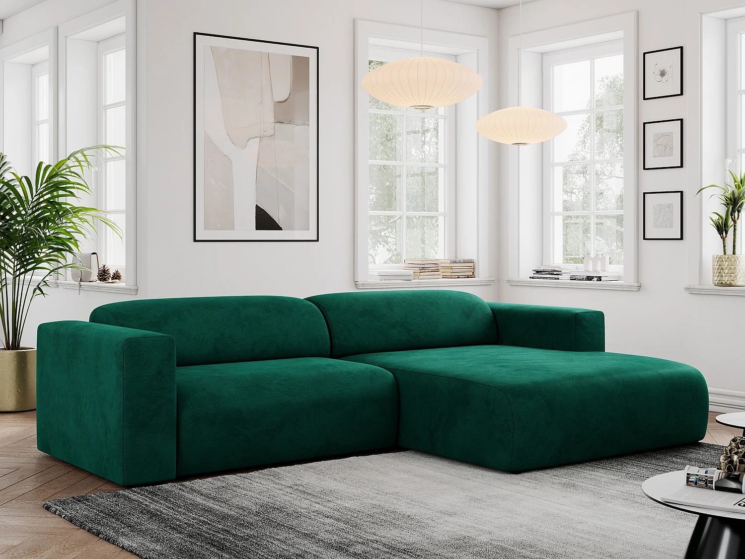 Ecksofa PASADENA - mit Armlehnen, Wohnlandschaft, freistehendes Sofa, große Ecke - Dunkelgrün Velvet - Ecke Rechts