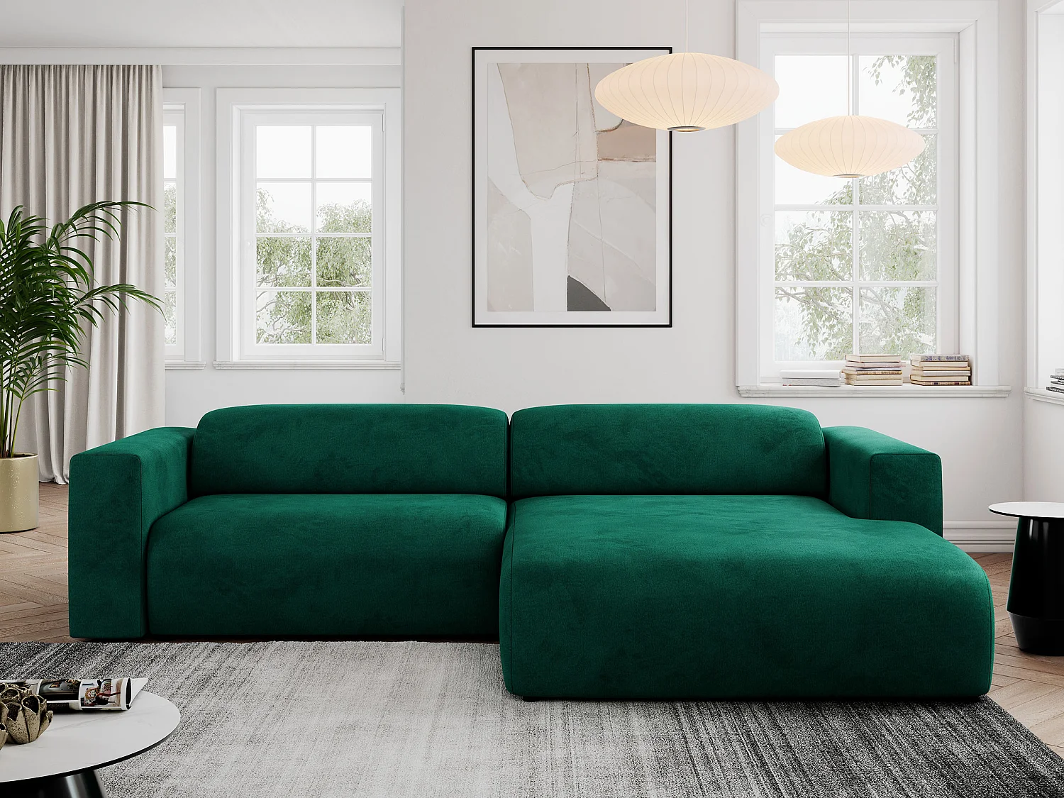 Ecksofa PASADENA - mit Armlehnen, Wohnlandschaft, freistehendes Sofa, große Ecke - Dunkelgrün Velvet - Ecke Rechts
