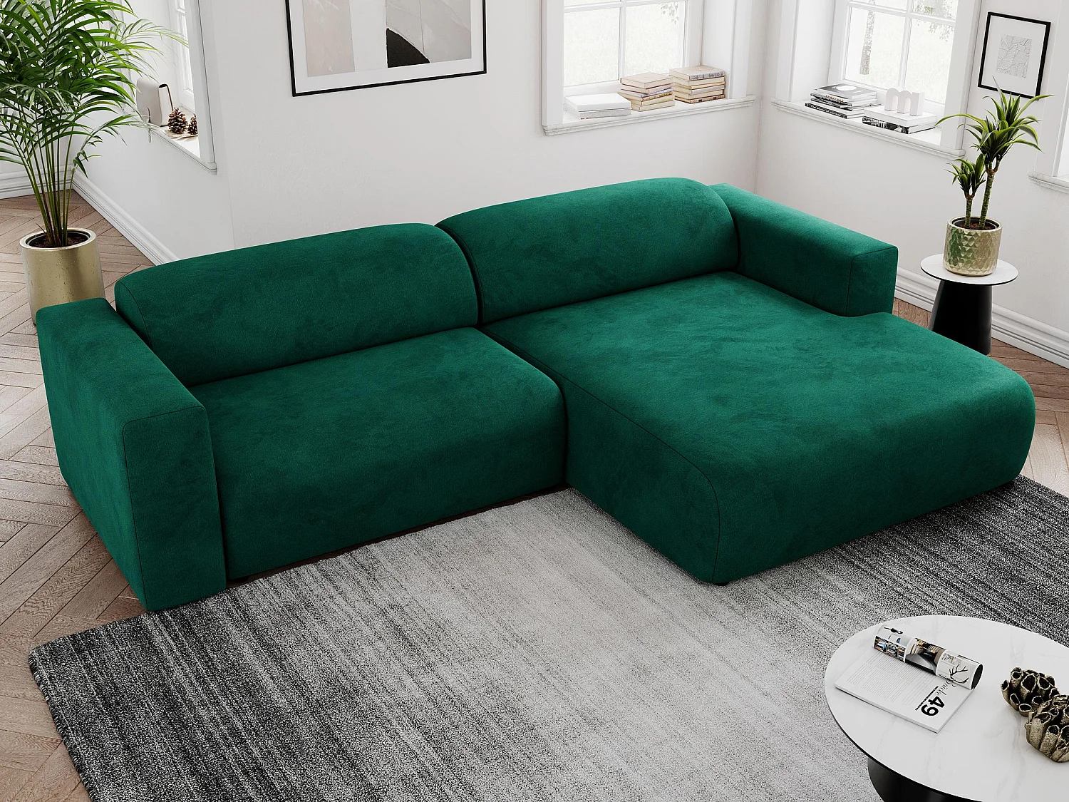 Ecksofa PASADENA - mit Armlehnen, Wohnlandschaft, freistehendes Sofa, große Ecke - Dunkelgrün Velvet - Ecke Rechts