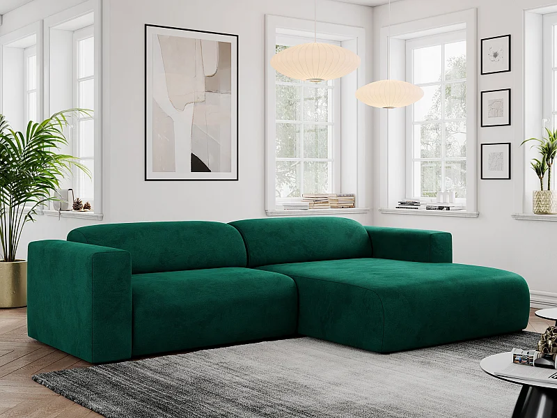 Ecksofa PASADENA - mit Armlehnen, Wohnlandschaft, freistehendes Sofa, große Ecke - Dunkelgrün Velvet - Ecke Rechts