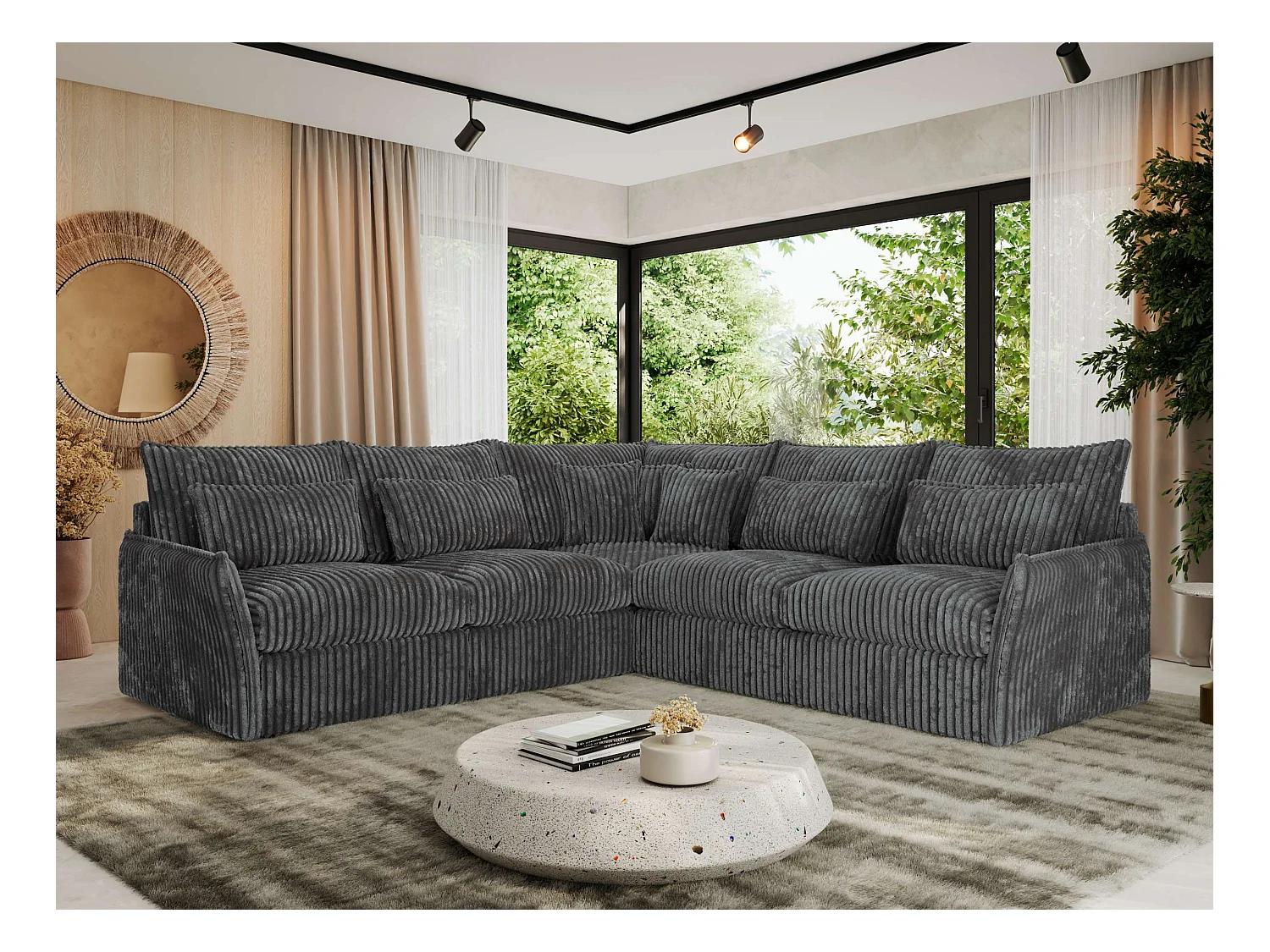 Ecksofa VERSO - modulare L-förmige Ecke, lose Kissen, Wohnlandschaft - Dunkelgrau Cord