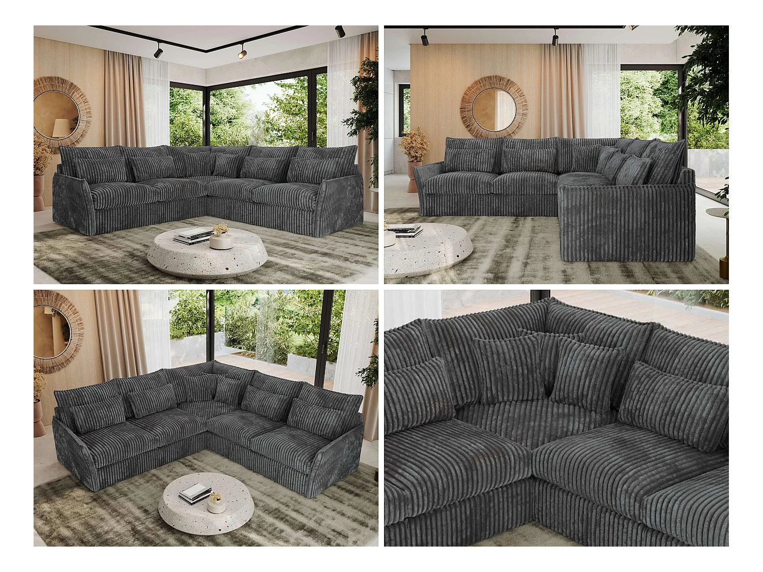 Ecksofa VERSO - modulare L-förmige Ecke, lose Kissen, Wohnlandschaft - Dunkelgrau Cord