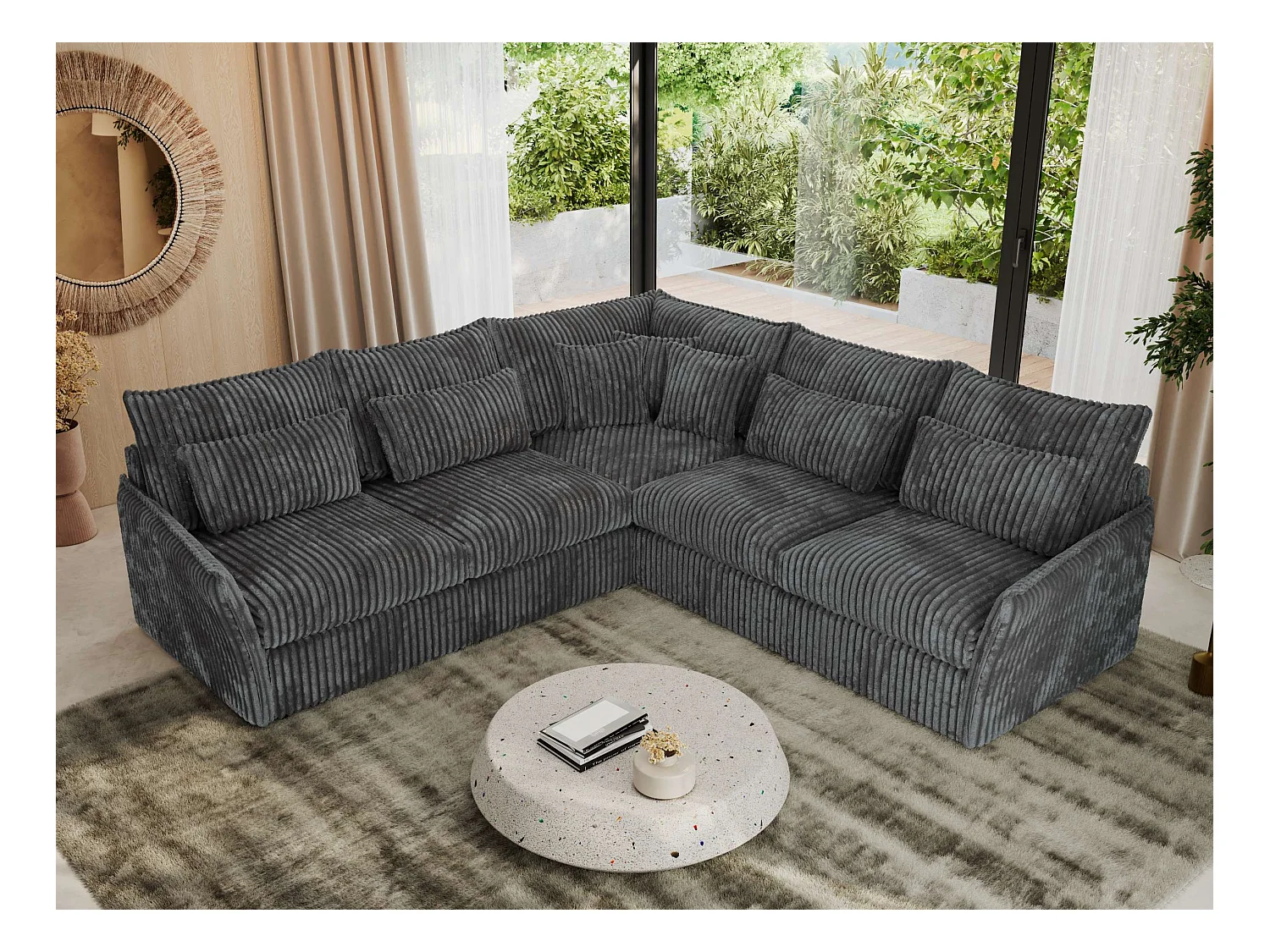 Ecksofa VERSO - modulare L-förmige Ecke, lose Kissen, Wohnlandschaft - Dunkelgrau Cord