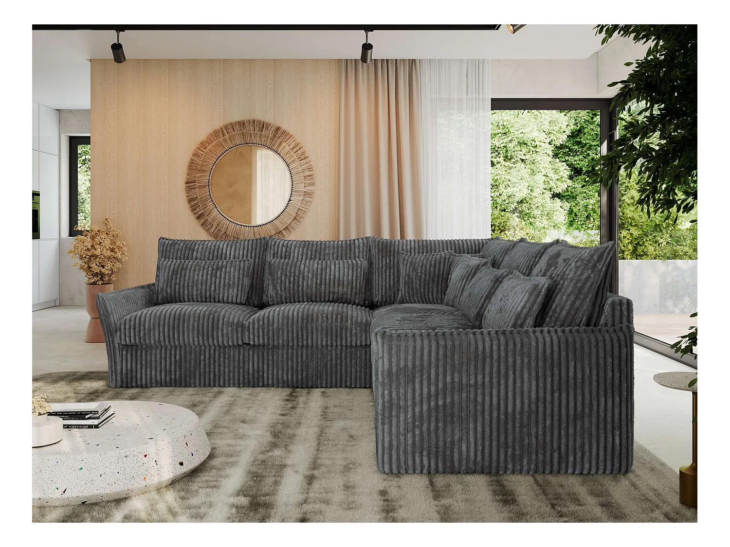 Ecksofa VERSO - modulare L-förmige Ecke, lose Kissen, Wohnlandschaft - Dunkelgrau Cord