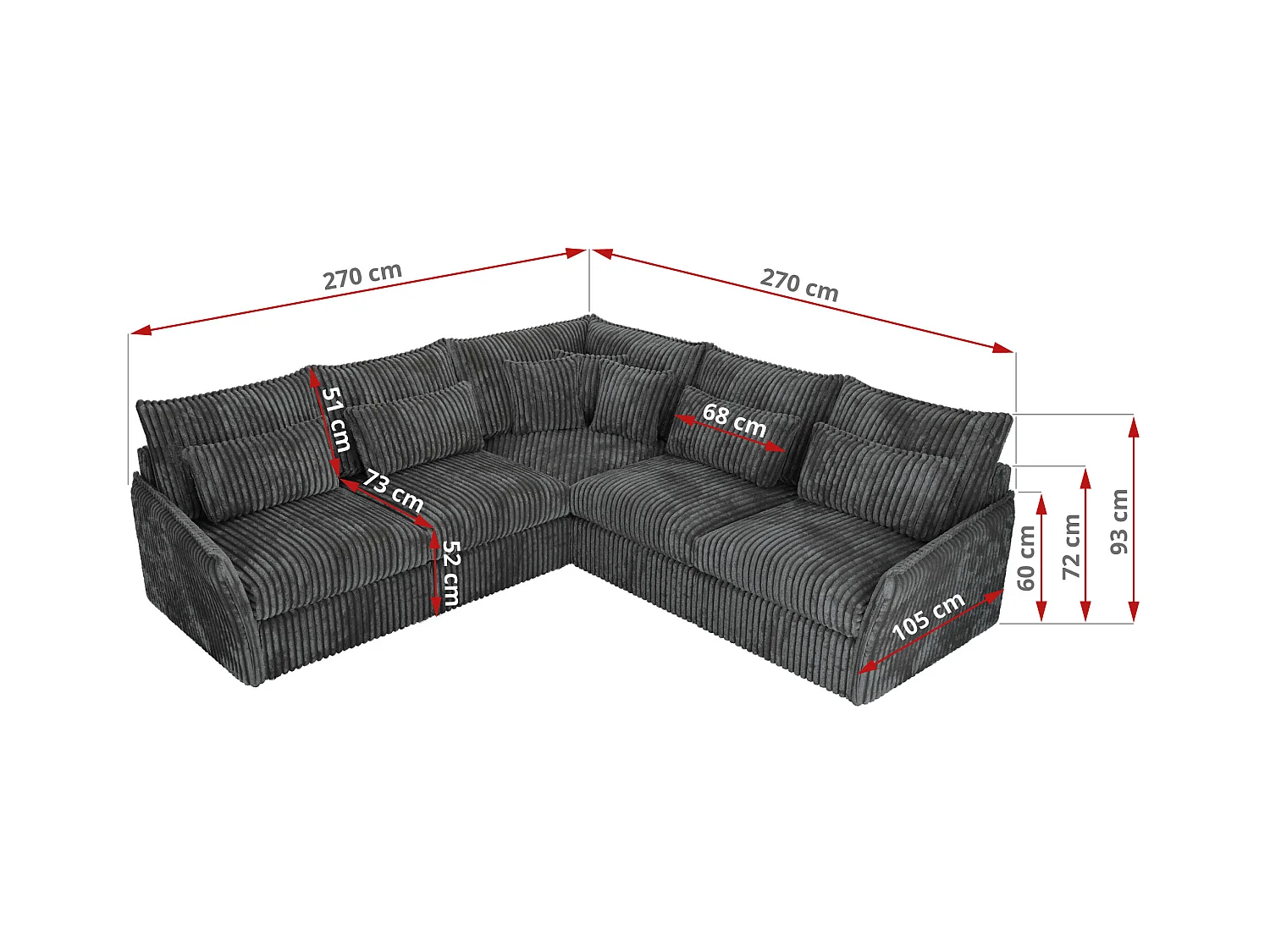 Ecksofa VERSO - modulare L-förmige Ecke, lose Kissen, Wohnlandschaft - Dunkelgrau Cord