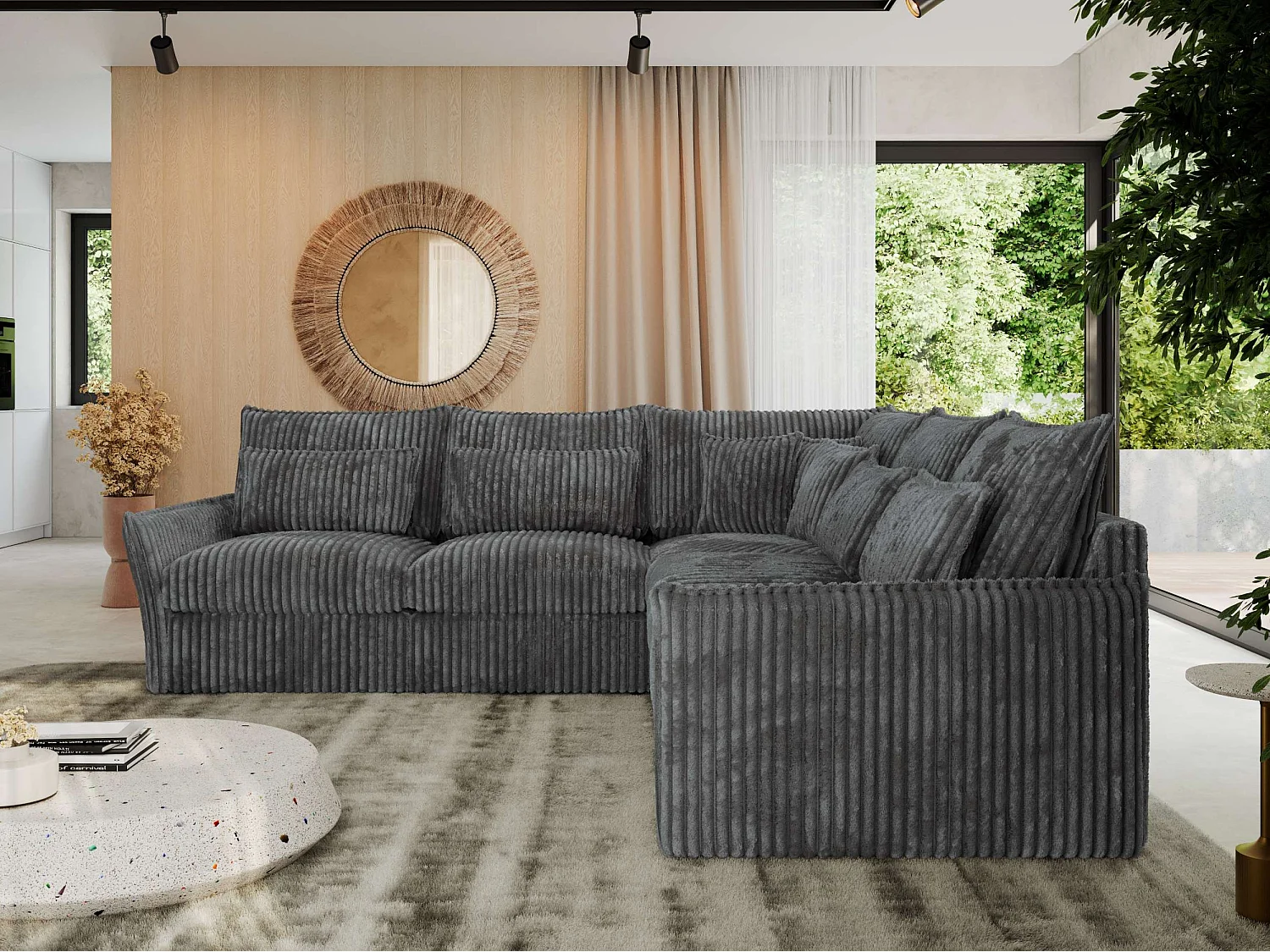 Ecksofa VERSO - modulare L-förmige Ecke, lose Kissen, Wohnlandschaft - Dunkelgrau Cord