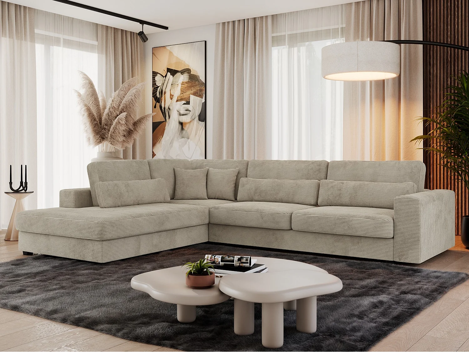 Ecksofa SAVONA - mit Armlehnen, lose Kissen, große L-förmige Ecke, Wohnlandschaft - Hellgrau Cord - Ecke Links